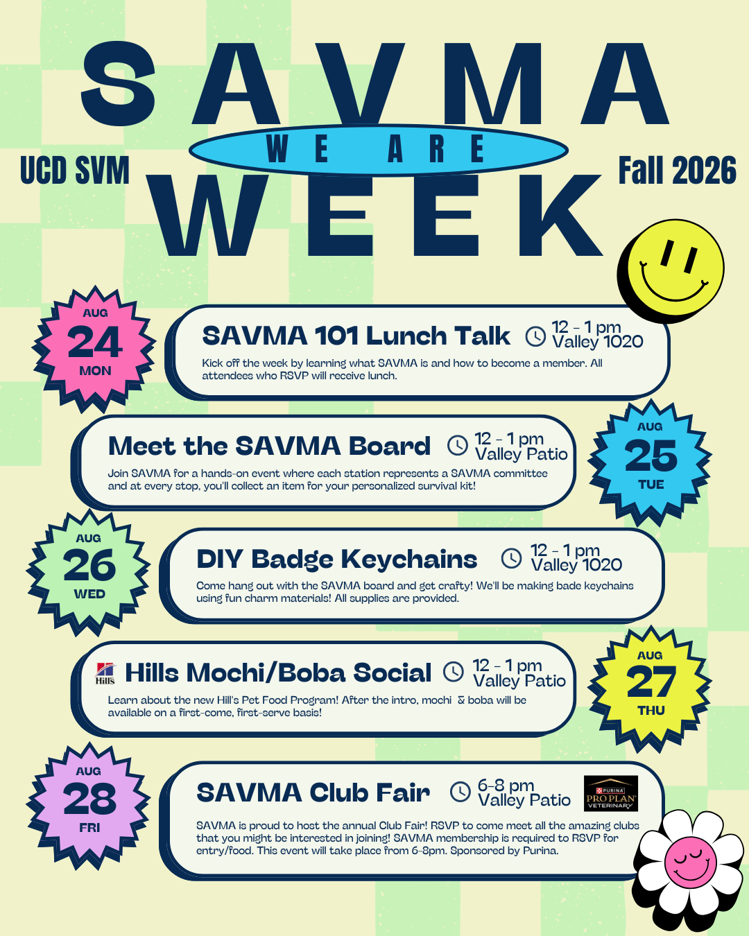 Graphic poster: SAVMA Week Fall 2025, colorful schedule with daily event icons.